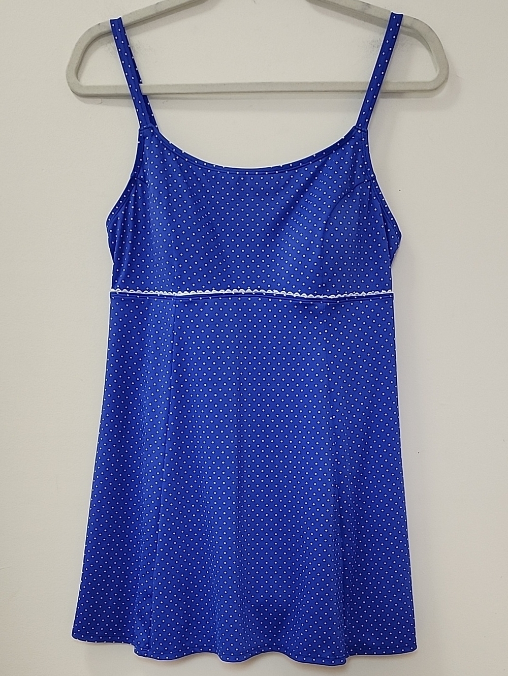 L.L. Bean One Piece Swimsuit Dress Long Polka Dot Blue White Size 14 - Picture 3 of 15